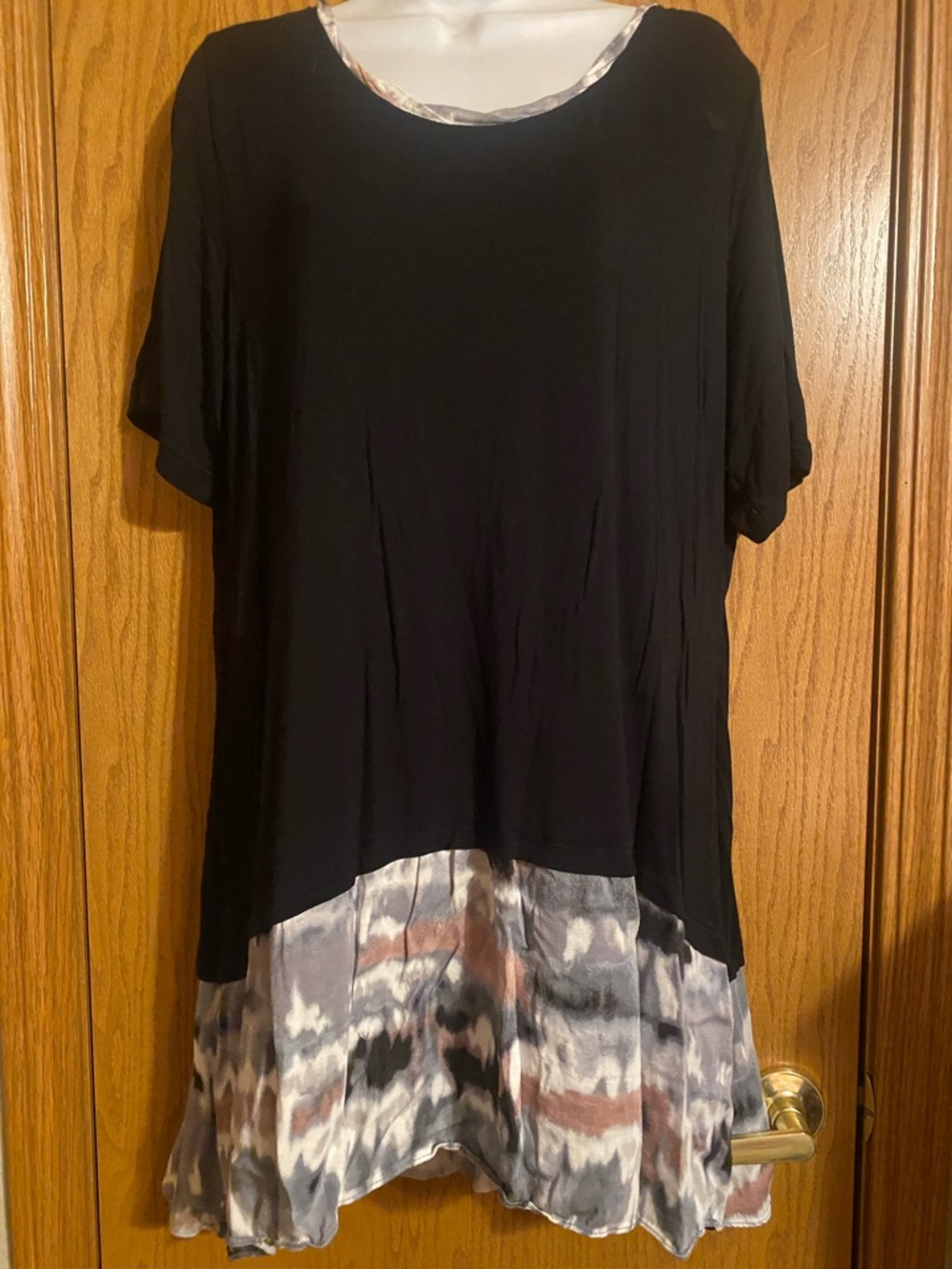LOGO by Lori Goldstein Black Tunic with Gray and Brown Tie-Dye Hem
